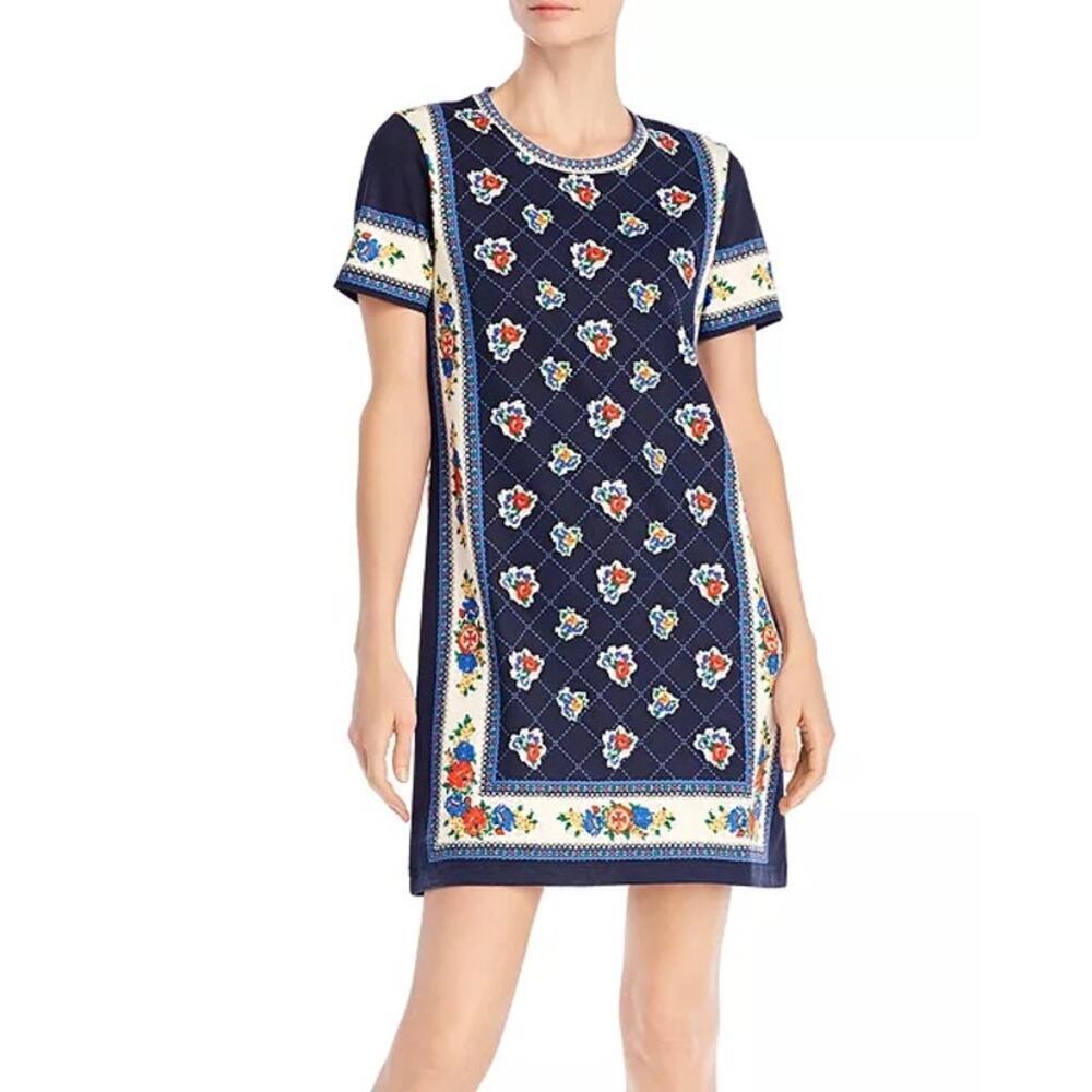 Tory Burch Printed Shirt Dress Navy Tea Rose Border Size Small